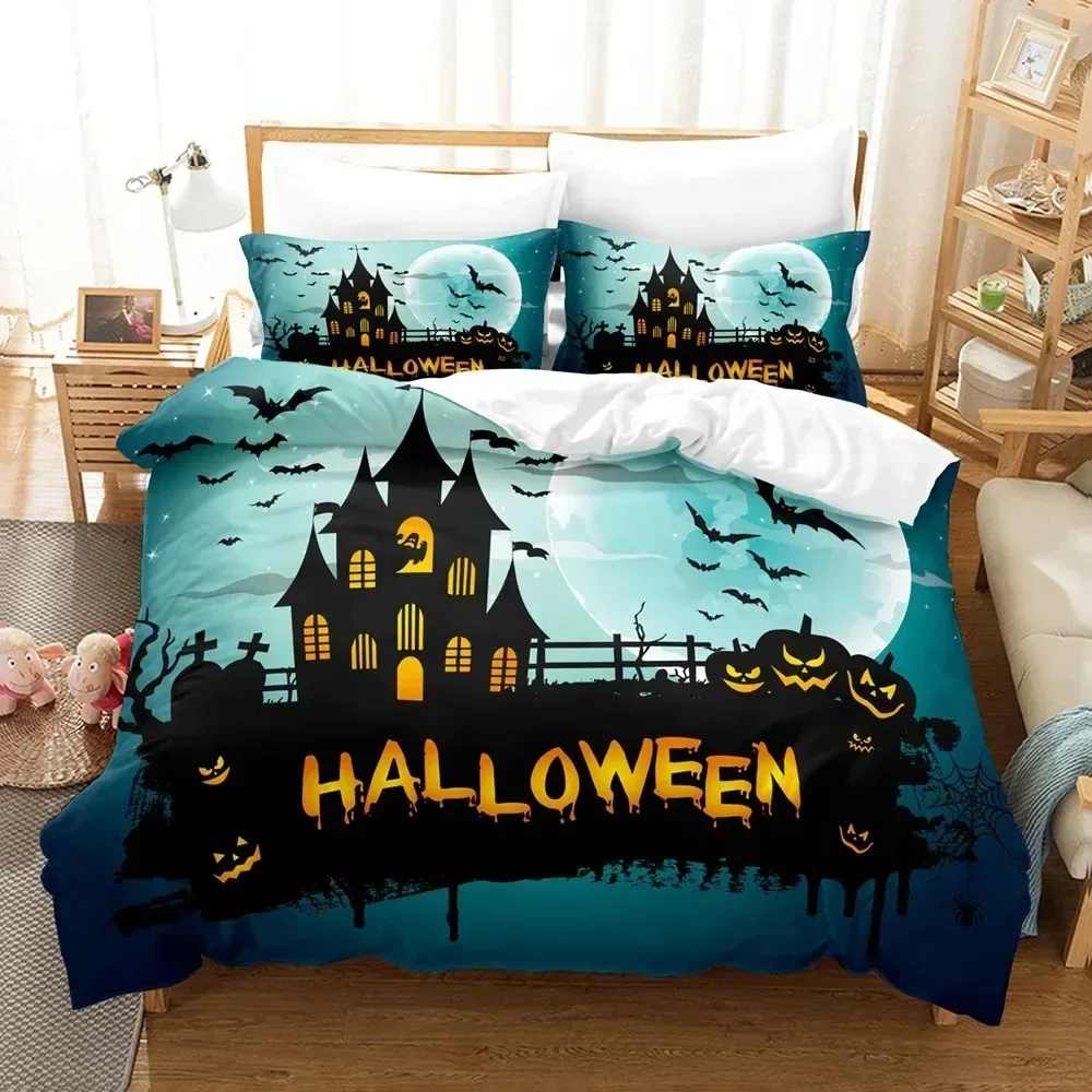 Halloween Bedding Set KingQueen Size Cartoon Pumpkin Lantern Castle and Bat Duvet Cover Dark Horror Night Polyester Quilt Cover