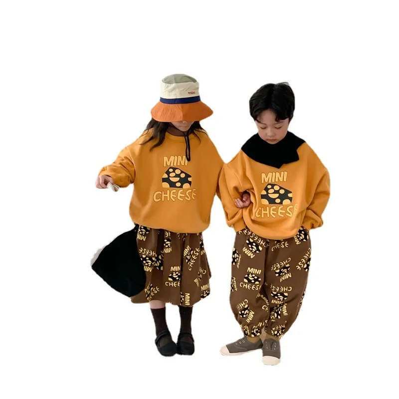 Korean Spring Autumn Children Sibling Clothes Set Printed Cheese Shirts Baby Boy Suit Loose Stretch Pants Kid Girl Skirt Outfits