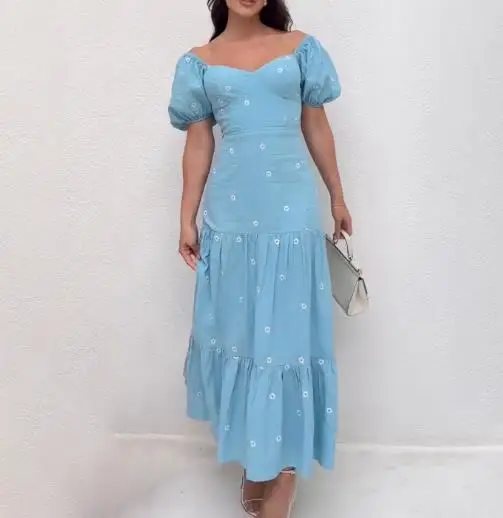 Abito con maniche a palloncino con stampa geometrica e collo singolo per donne estive, abito a trapezio alla moda ed elegante, vestibilità slim e che abbraccia la vita