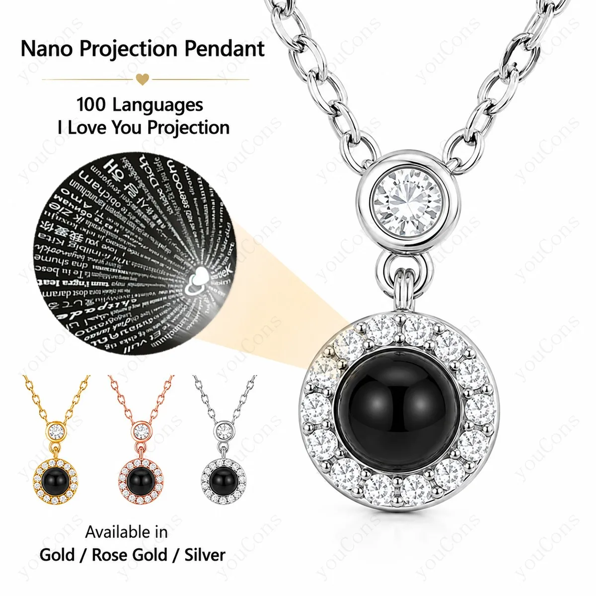 100 Languages I Love You Projection Necklace Round Pendant With Multi Color Rose Gift Box Valentine's Mother's Day For Women