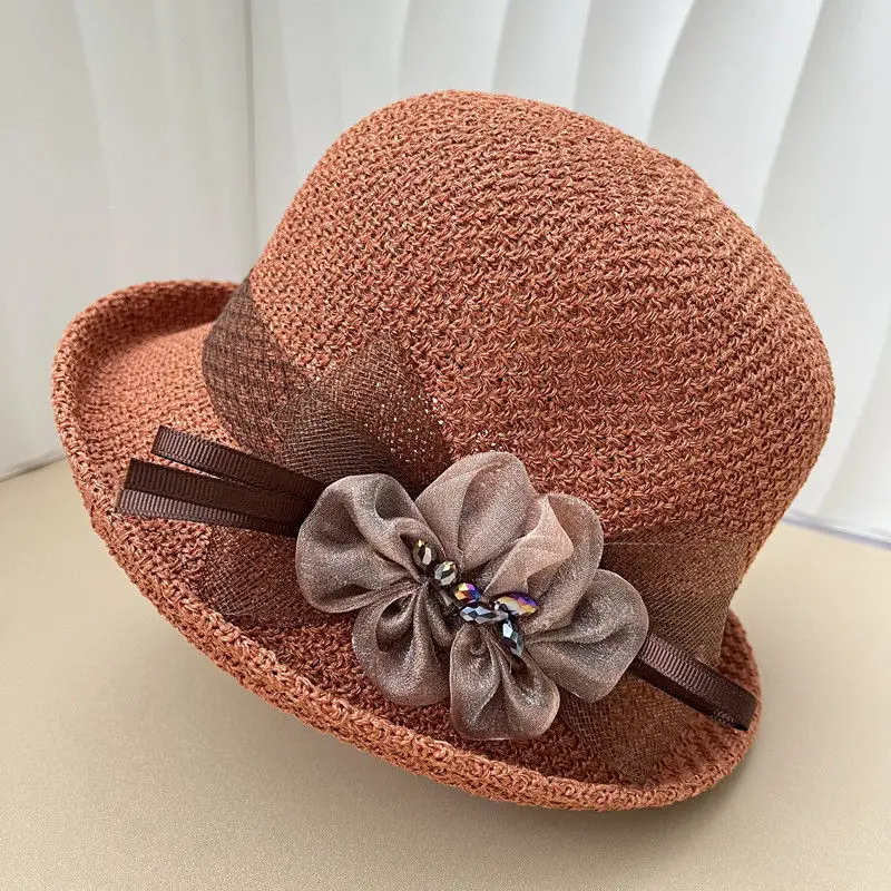 Hat for Women\'s New Summer Round Top Curled Edge Top Hat Sun Protection BreathabeMiddle-aged and Elderly Mothers Sun Hat Party