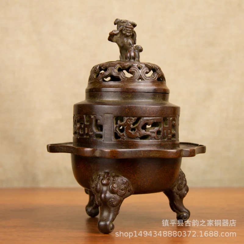 Pure Copper Lion Stepping on Ball Xuande Burner Incense Holder Ornament for Office Home Living Room Shop Study Desktop D