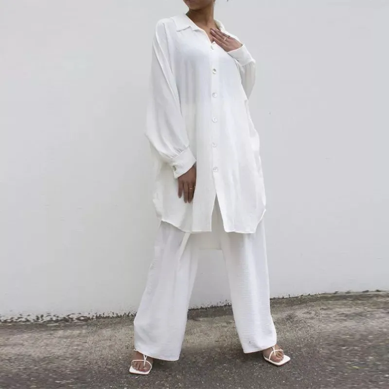 Ladies Blouse Shirt Top Wide Leg Pant Suit Set Loose Female Women Long Sleeve Blouse Shirt Pant Two-Piece Sport Outfit Plus Size