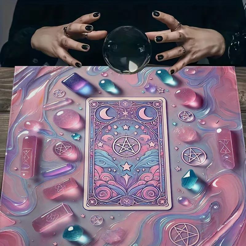 2D Flat Pink-Purple Starry Tarot Tablecloth Gemstone Print Card Mat Home Decor Ritual Supplies Party Decoration 60x60cm