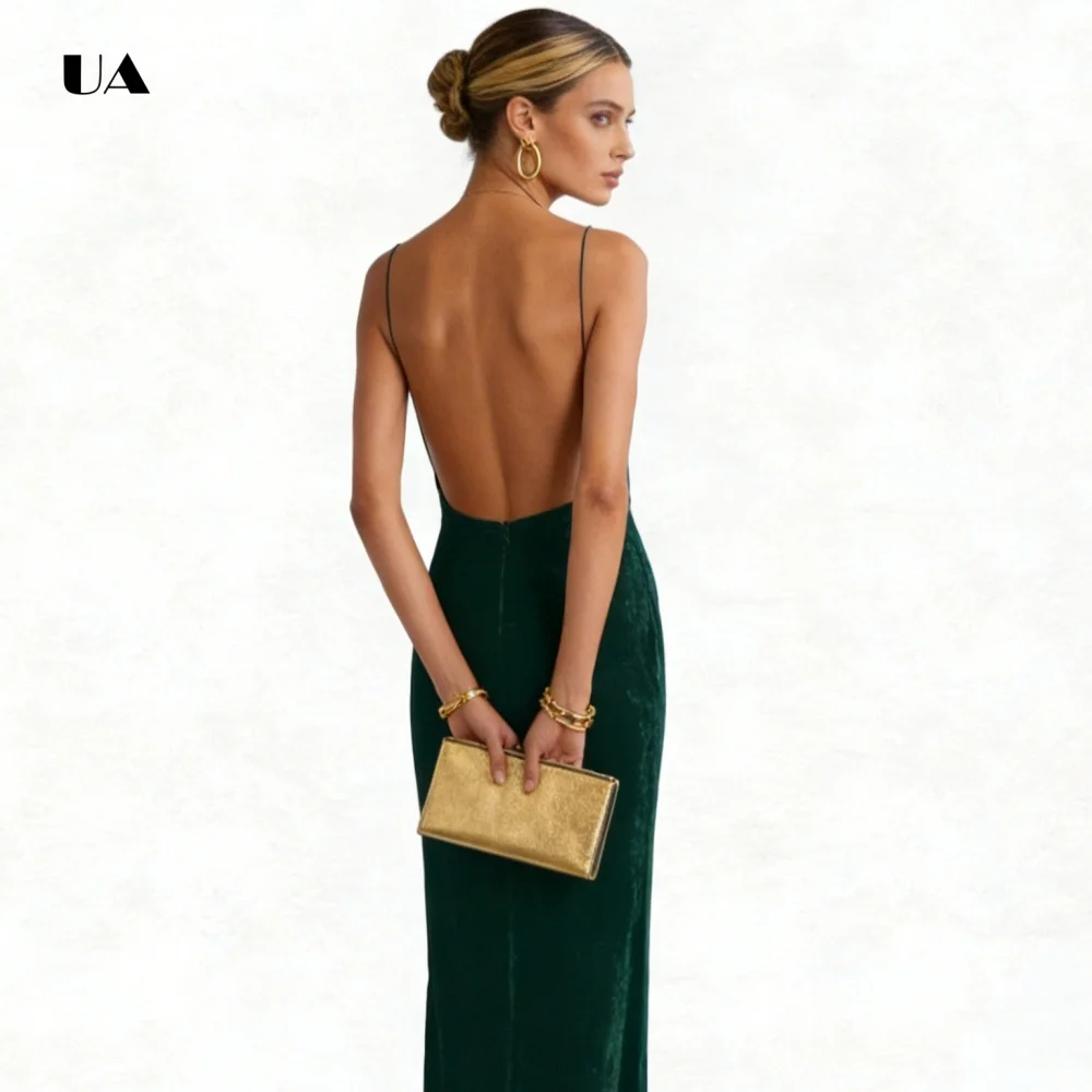 ULBYANRY Samt-Etui-Abschlussballkleid mit Spaghettiträgern, solides rückenfreies Abendkleid, ärmelloses, maßgeschneidertes Partykleid mit Ausschnitten