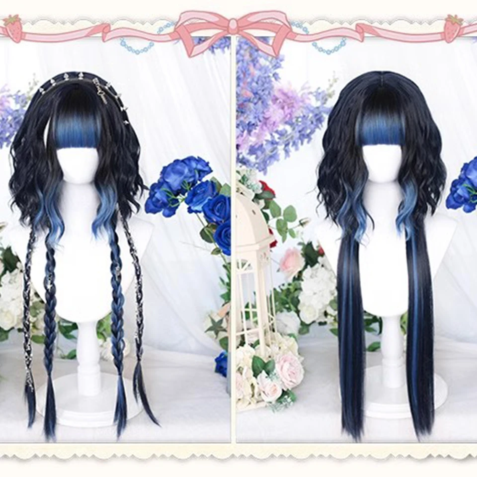 Full-Head Female Lolita Synthetic Wig Princess Jellyfish Head Cut Gradient Blue Long Straight Hair.