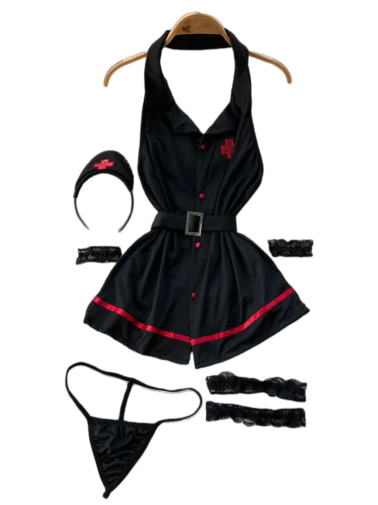 Erotic Fashion Sexy Halter Lingerie Dress Summer V Neck Vintage Belt Slim Lingerie Women Backless Sexuality Club Lingerie Sets