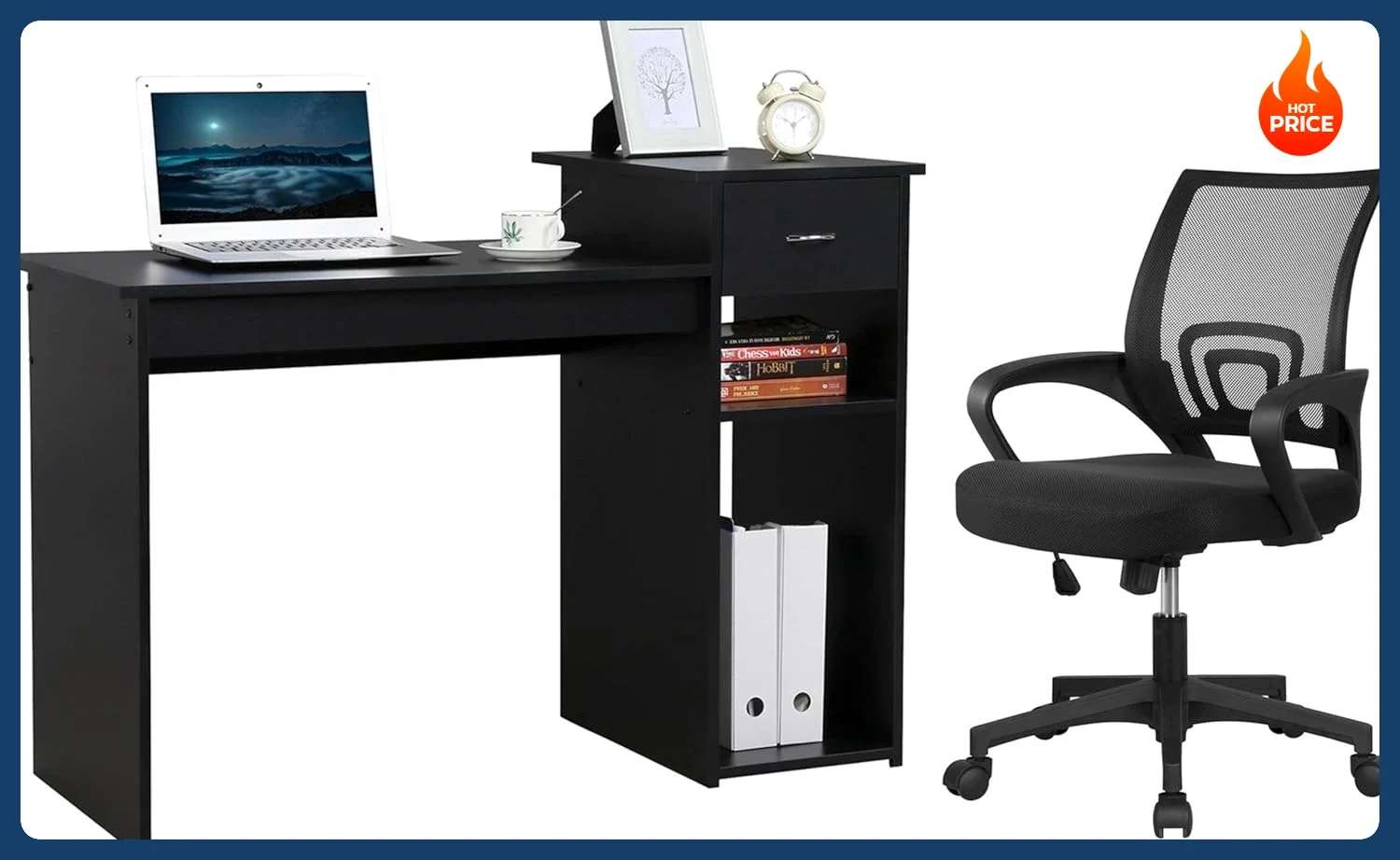 [Hot Sale!]Home Office Modern Desk and Chair Set Computer Desk w/Drawer & Shelves with Ergonomic Mesh Height Adjustable Office C