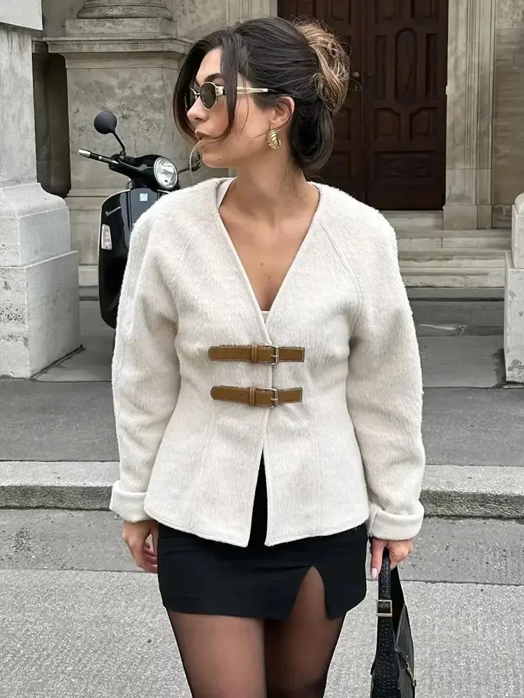 

HH Retro Leather Buckle Woolen Coat Women Fashion Solid V Neck Long Sleeve Beige Jacket Autumn Spring Chic Female Streetwear