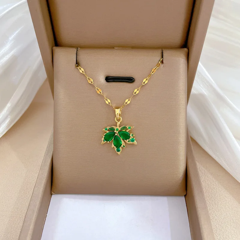 Fashion Romantic Acacia Cute Red Maple Leaf Necklace Korean Girly Temperament Versatile Green Clavicle Chain Gift