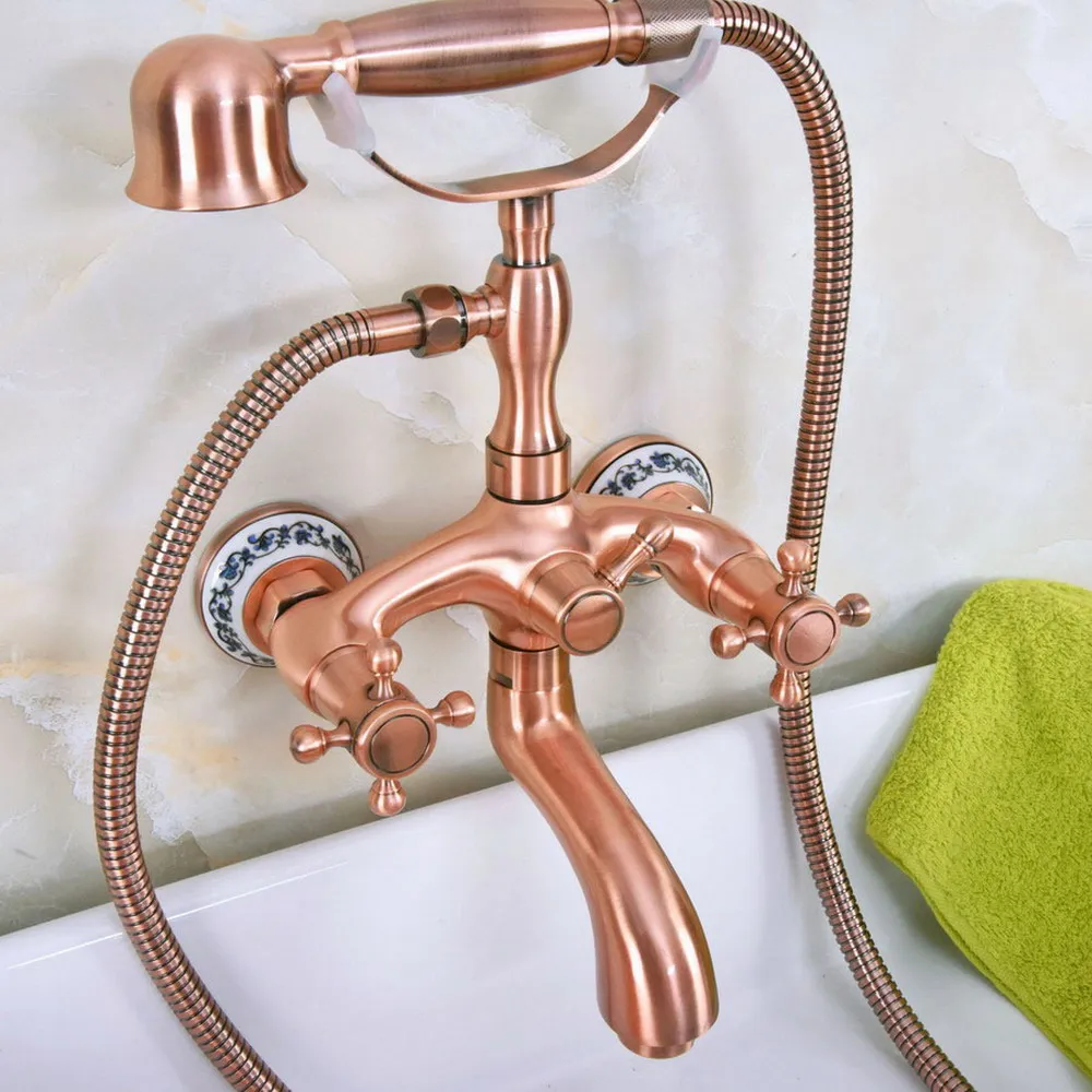 

Antique Red Copper Bathroom Wall Mounted Tub Faucet With Handshower Double Cross Handles