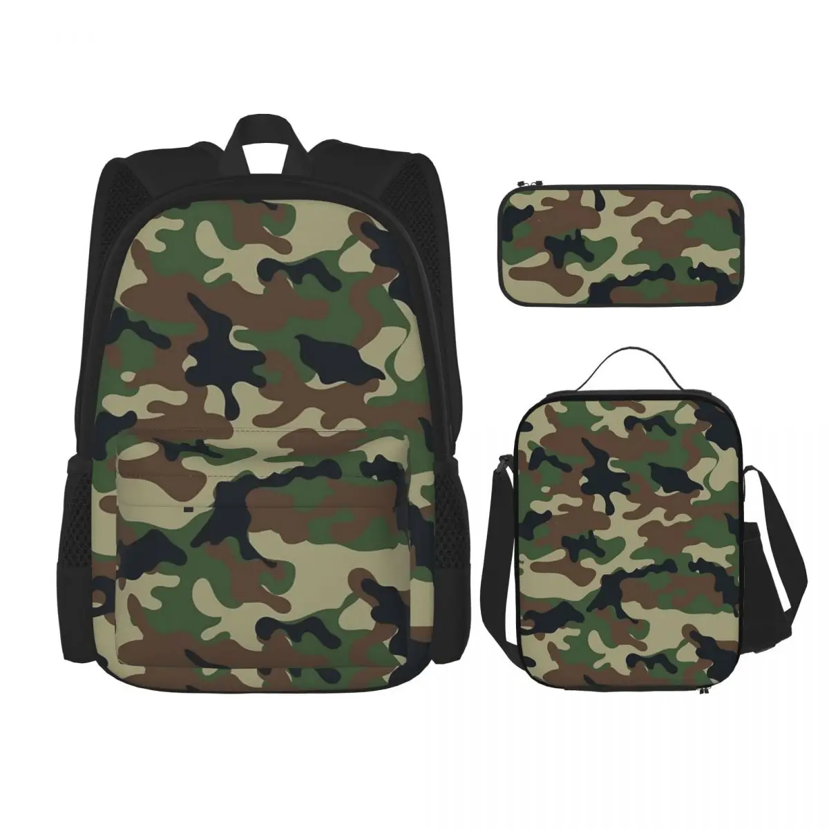 

Green Army Camouflage Backpacks Boys Girls Bookbag Students School Bags Cartoon Kids Rucksack Lunch Bag Pen Bag Three-Piece Set