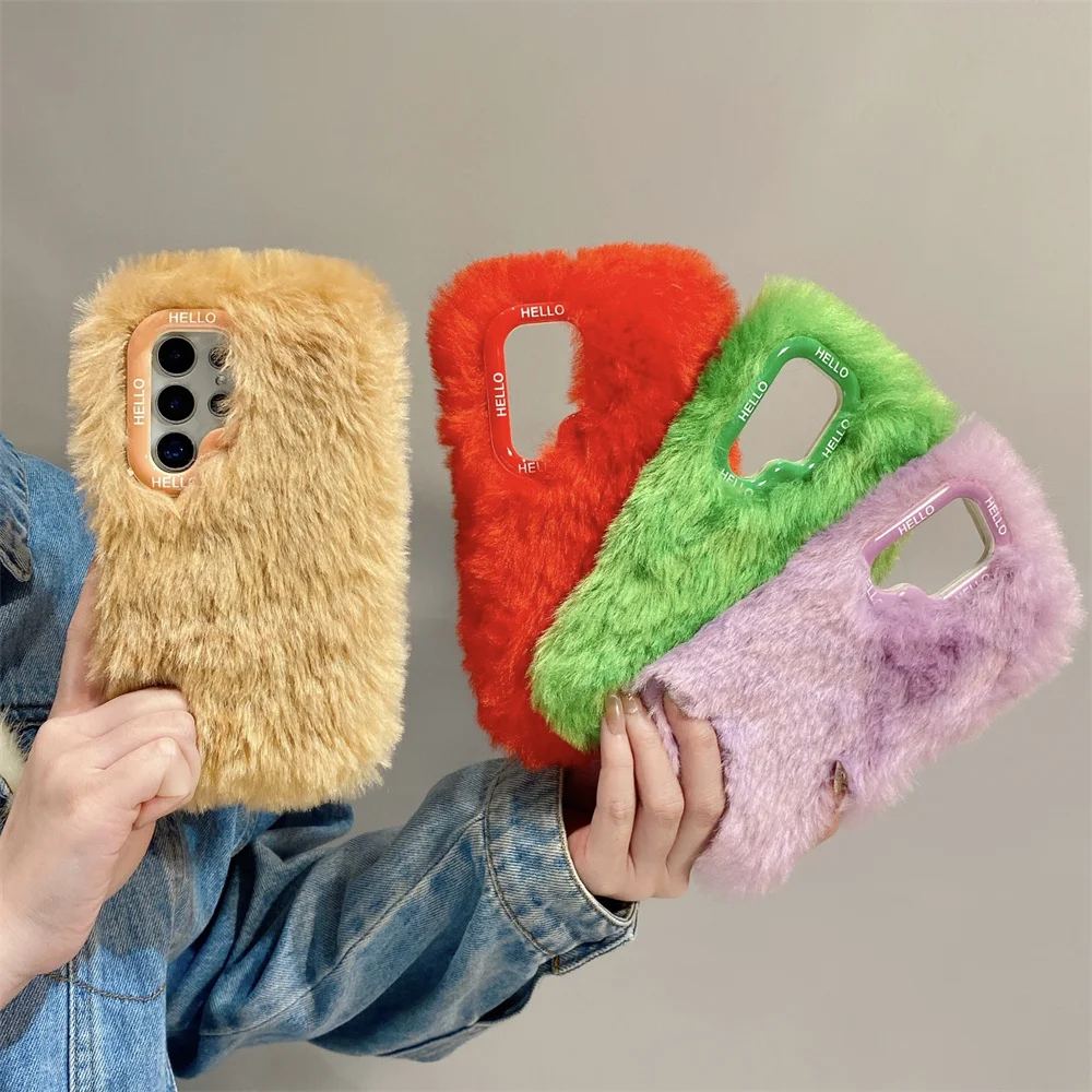 Retro Casual Soft Fluffy Plush Phone Case for S26 Ultra Hello Print Camera Frame Protective Cover for Samsung Galaxy S25 S24 A57
