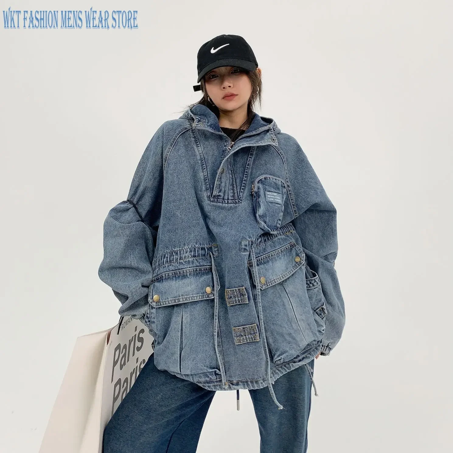 Denim Jacket Loose Retro Leisure Pullover for Women and Men Coats Motorcycle Sleeve Length Casual Outerwear Pocket Streetwear