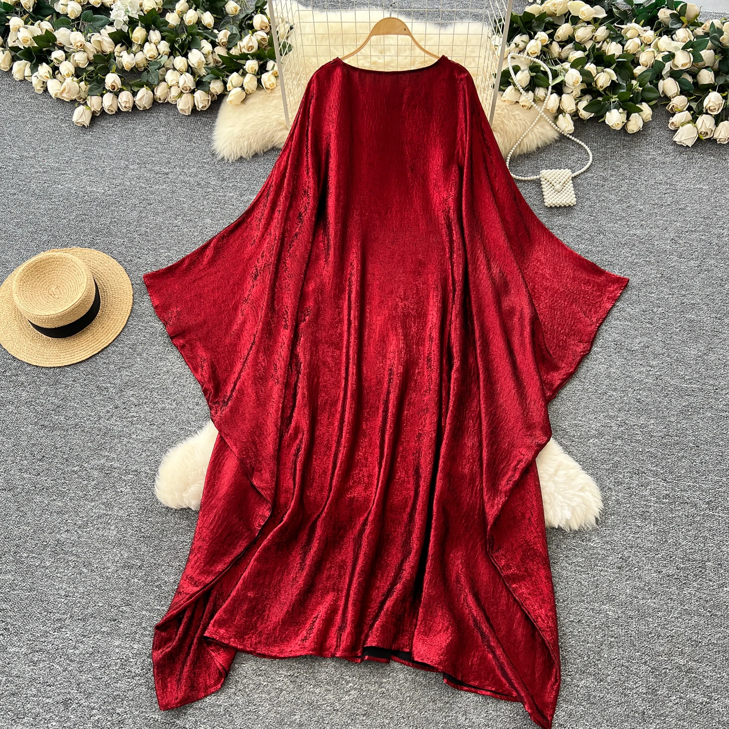Chic vintage manica lunga O-Collo solido sciolto sottile Elegante fata moda coreana Boho Vestito estivo abbigliamento donna Abito lungo
