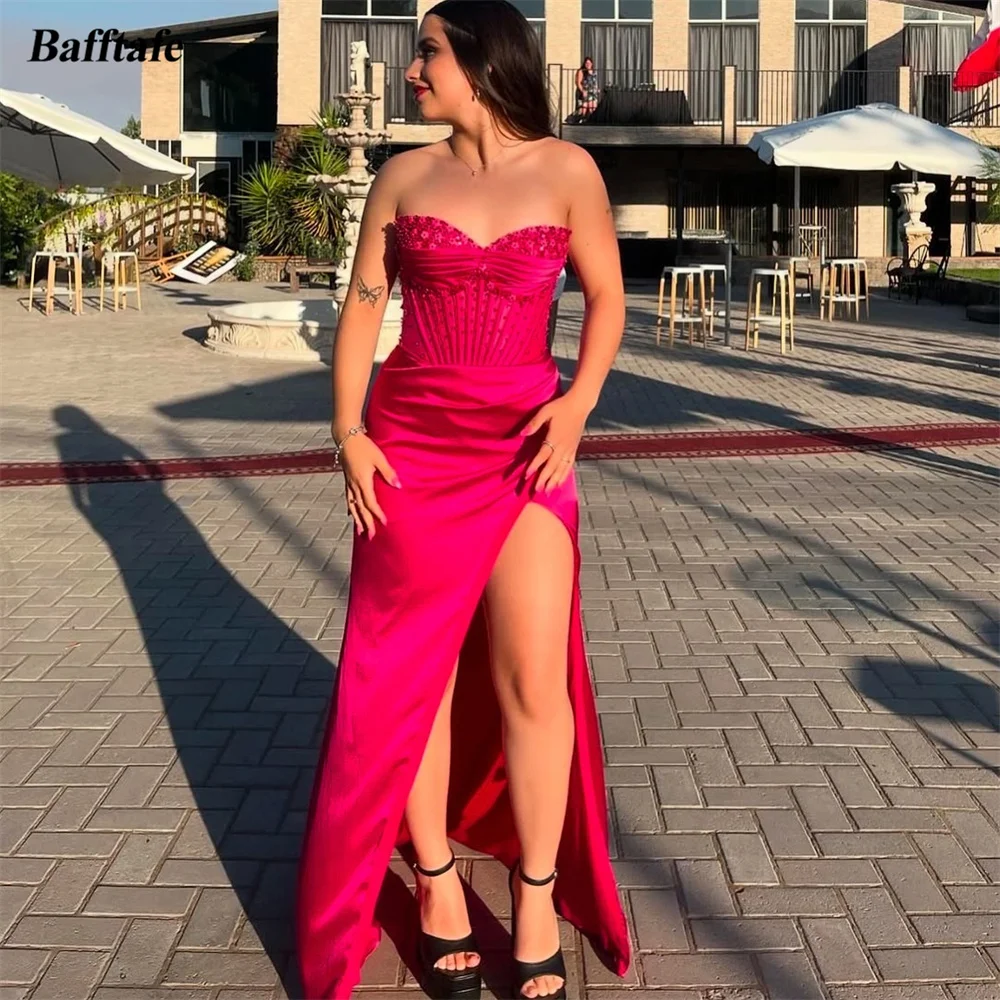 

Bafftafe Mermaid Fuchsia Satin Women Prom Dresses Beads Sweetheart Evening Gowns Customized Slit Side Birthday Party Formal Gown