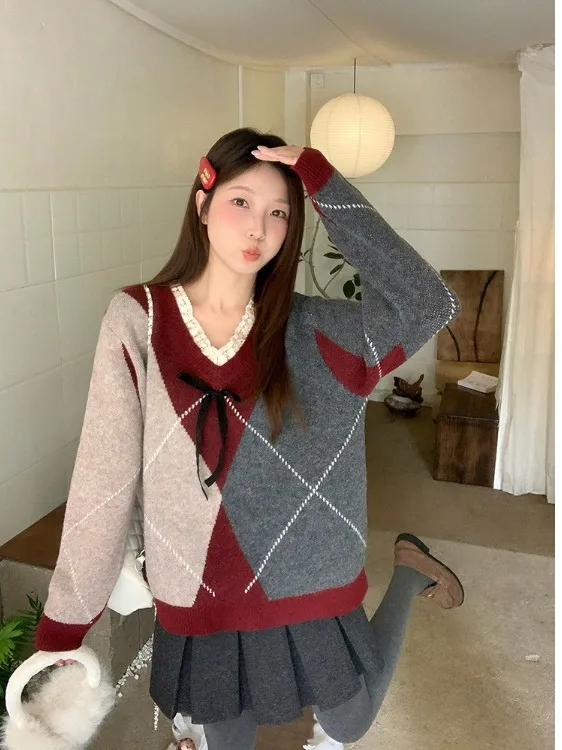 

plus Size Lace Knit Sweater Women's Loose Fit Autumn Winter New Sle Slimming Diamond Patchwork V-Ne Long Sve Top