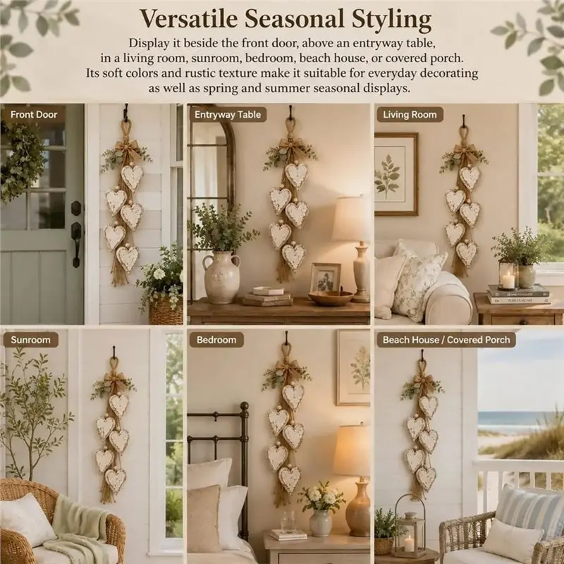 [A92P!】 Rustic Neutral Heart Wall Decor, Hanging Heart Decoration With 5 Layer Wooden Hearts- Farmhouse Style B