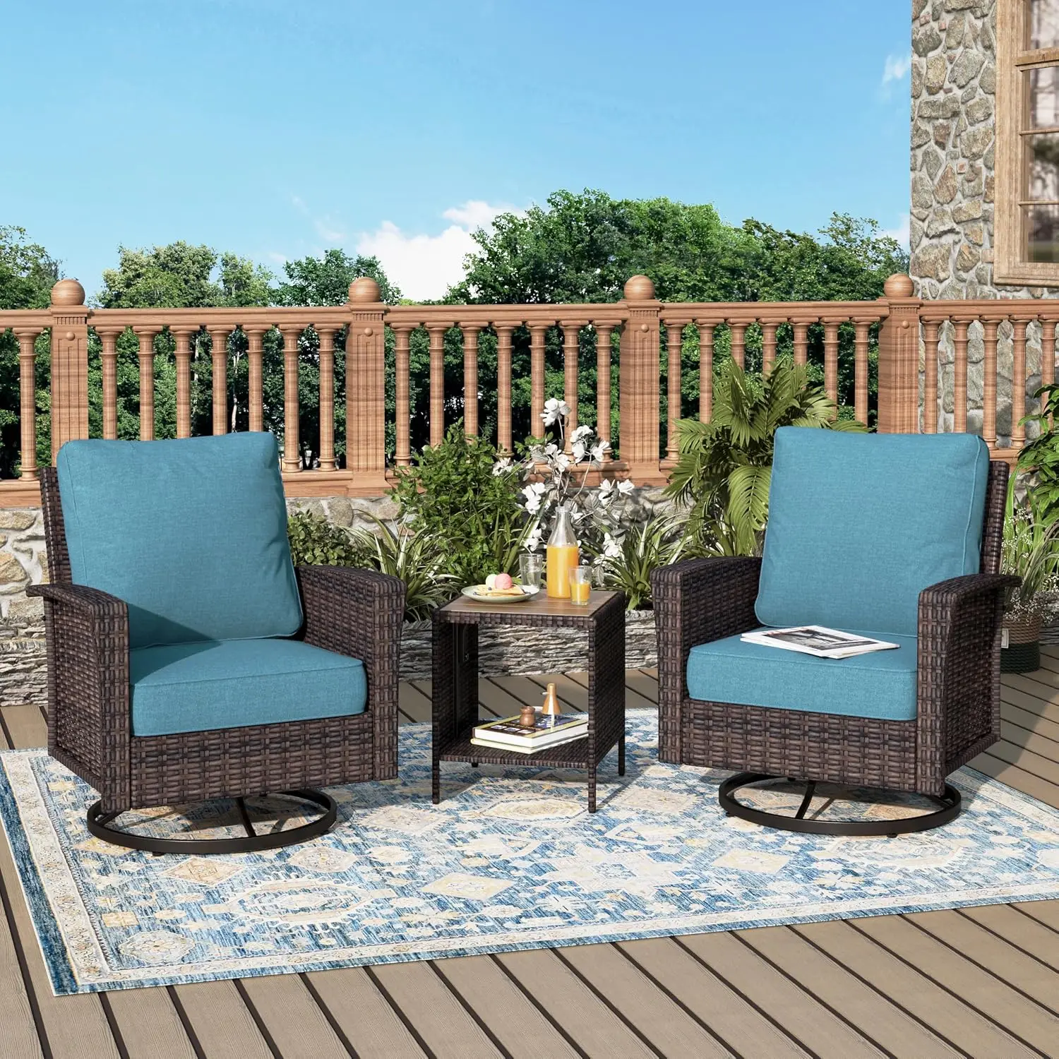 3-Piece Wicker Patio Furniture, High Back Outdoor Chairs, Blue, Customized