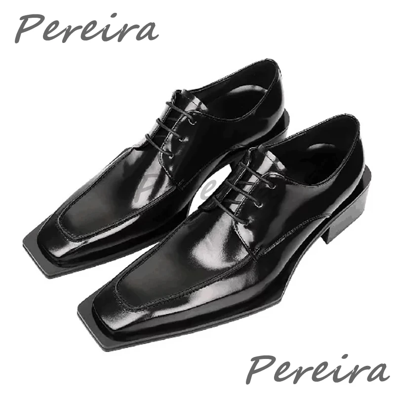 Men's Square Toe Derby Shoes British Style Black Genuine Leather Thick Heel Lace-Up Business Dress Shoes for Party Wedding