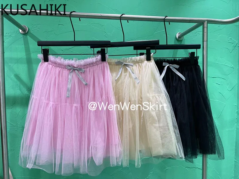 

KUSAHIKI Korea 2024 Spring Summer Elastic Waist Bow Short Mesh Puffy Skirt for Women's Sweet A-line Mini Y2k Skirts Mujer Faldas