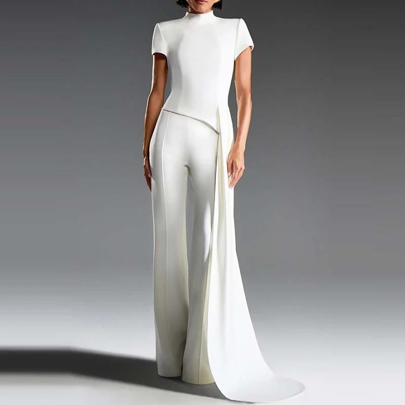 Casual trui met korte mouwen en lange broek Outfits Dames Elegant woon-werkverkeer 2-delig pak Mode Opstaande kraag Effen kleur Onregelmatige set