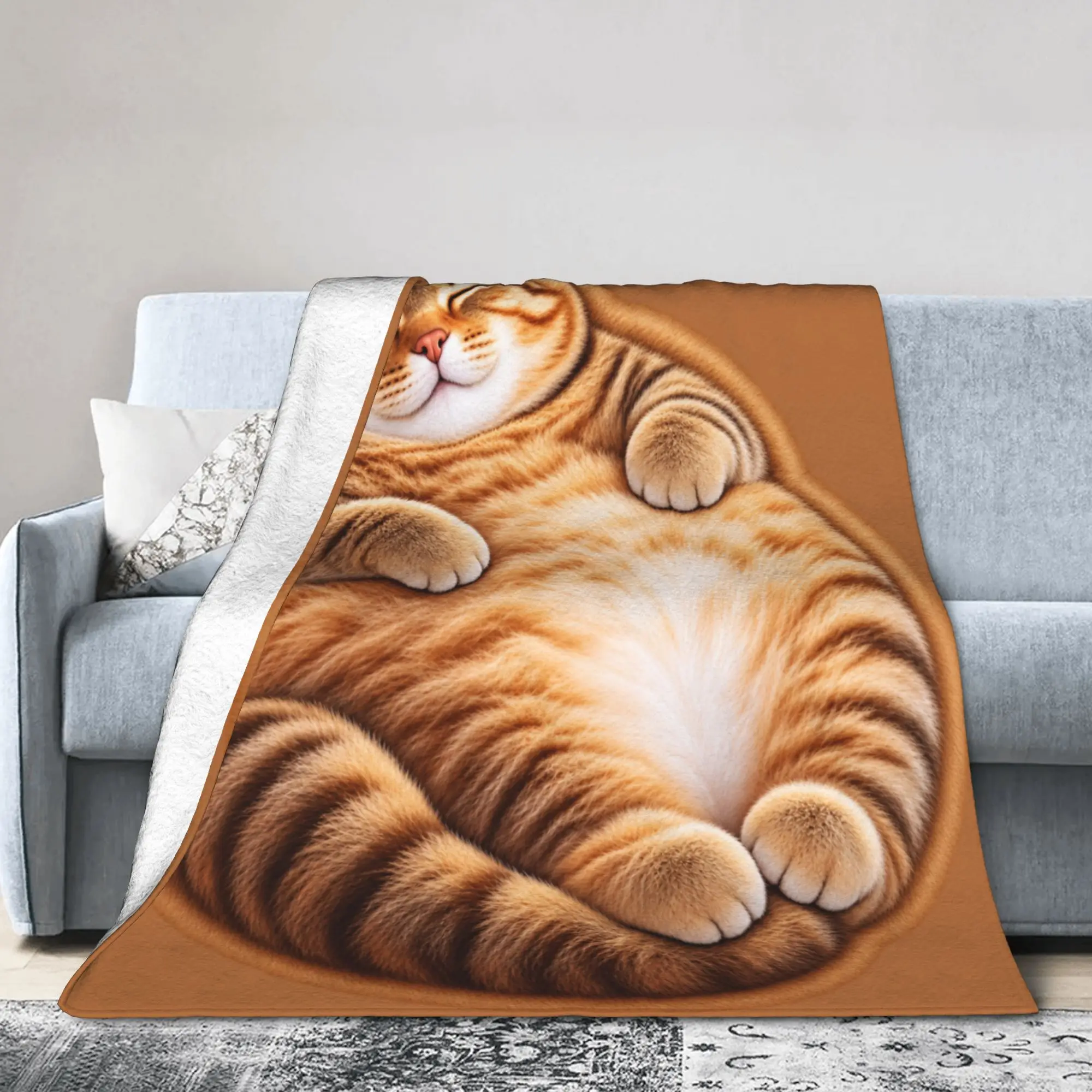 Fat Cat Lying Down 3D Flat Printing Blanket Quality Warm  Throw Blanket Winter Kids Living Room Funny Bedspread
