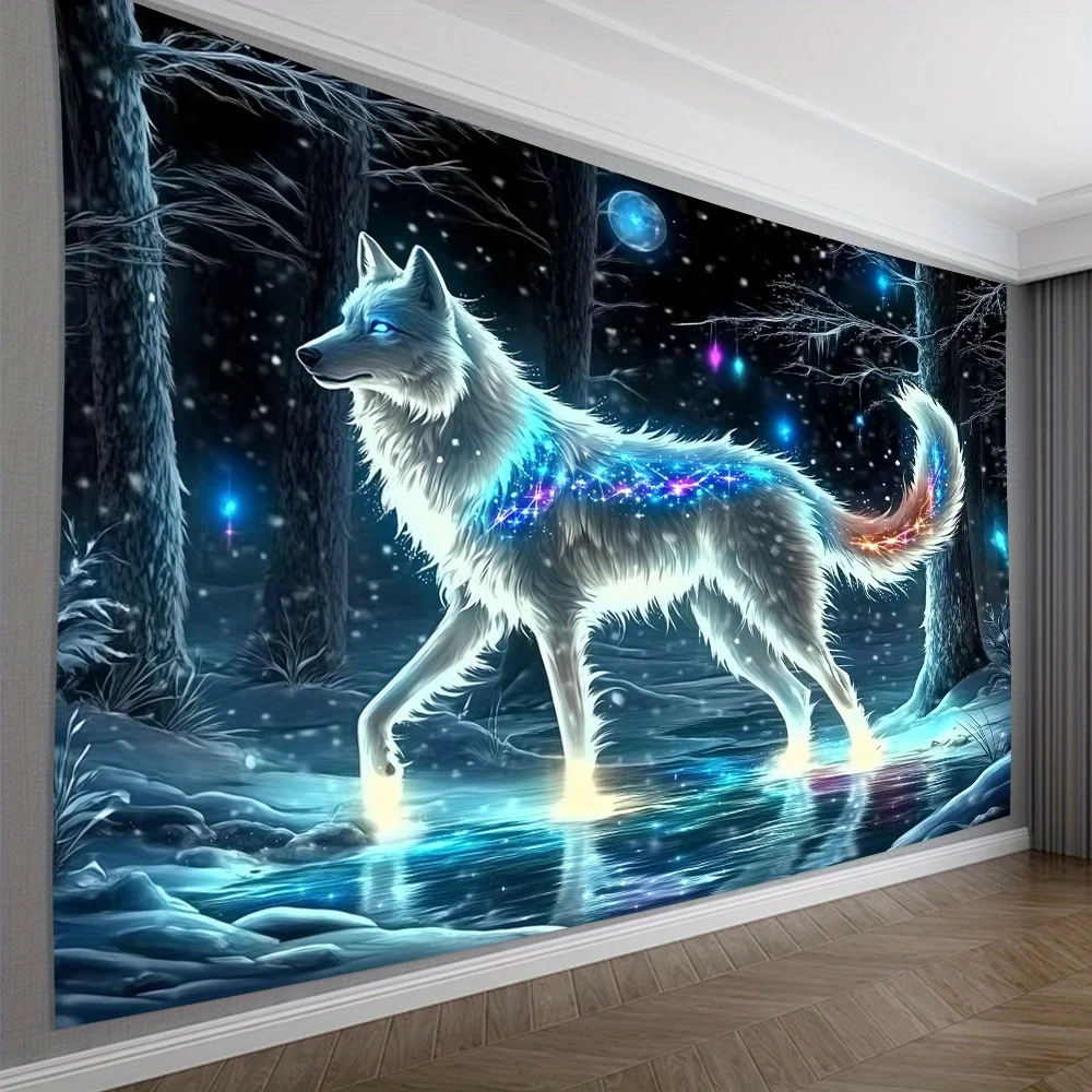 Glow-in-the-Dark Wolf Tapestry - Luminous Polyester Wall Art for Home/Office Decor, Unique Gift for Nature Lovers