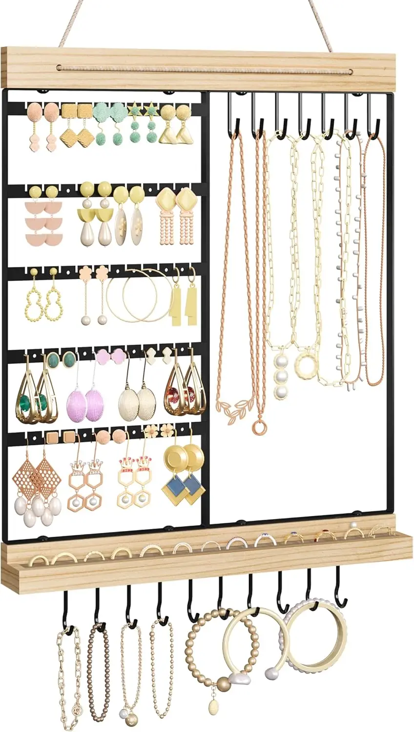 

Hanging Jewelry Organizer, 5-Tier Wall Earring Holder with Wooden Ring Groove, Jewelry Rack Wall Mounted for Earrings, Necklaces, Bracelets and Rings, Jewelry Holder Stand, Black
