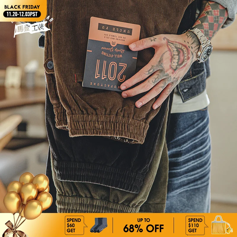 

Maden Men's Corduroy Pants With Elastic Waistband Vintage Style Loose Straight Tube Casual Pants