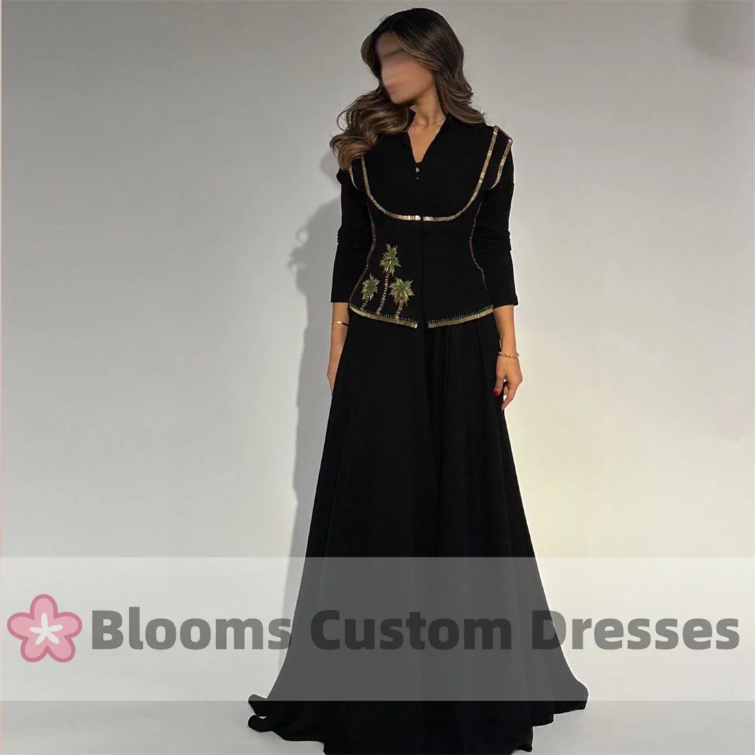 Blooms Customized Coconut Tree Beaded Black Evening Dresses For Special Occasion A-Line Party Gown Long Sleeves Prom Dress