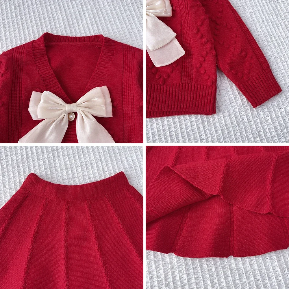 Bear Leader Abbigliamento per bambini Ragazze Maglione con scollo a V con fiocco Top + Gonna a pieghe a trapezio Set da 2 pezzi Rosso Capodanno