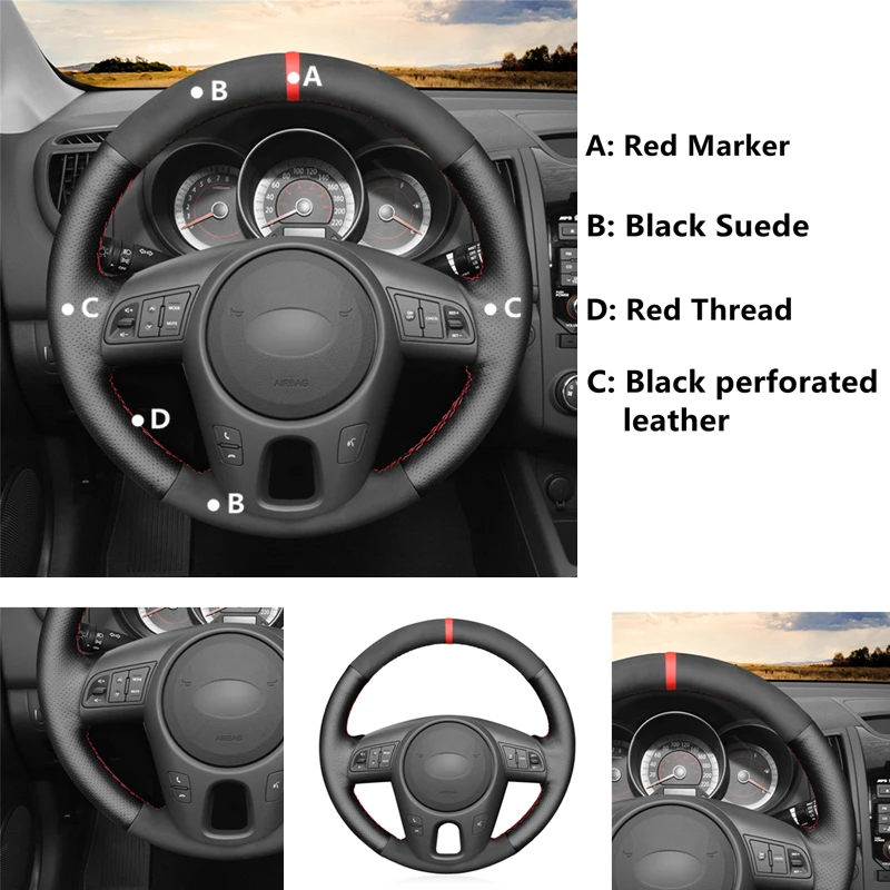 Black Suede Black Leather Car Steering Wheel Cover For Kia Forte Soul Rio 2009 2010 2011 2012 2013 2014