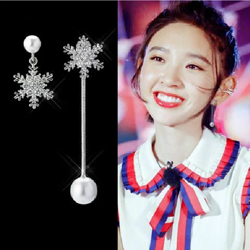 Fashion Snowflake Imitation Pearl Earrings Crystal Asymmetrical Long Tassel Drop Earring for Women Party Jewelry bijoux femme