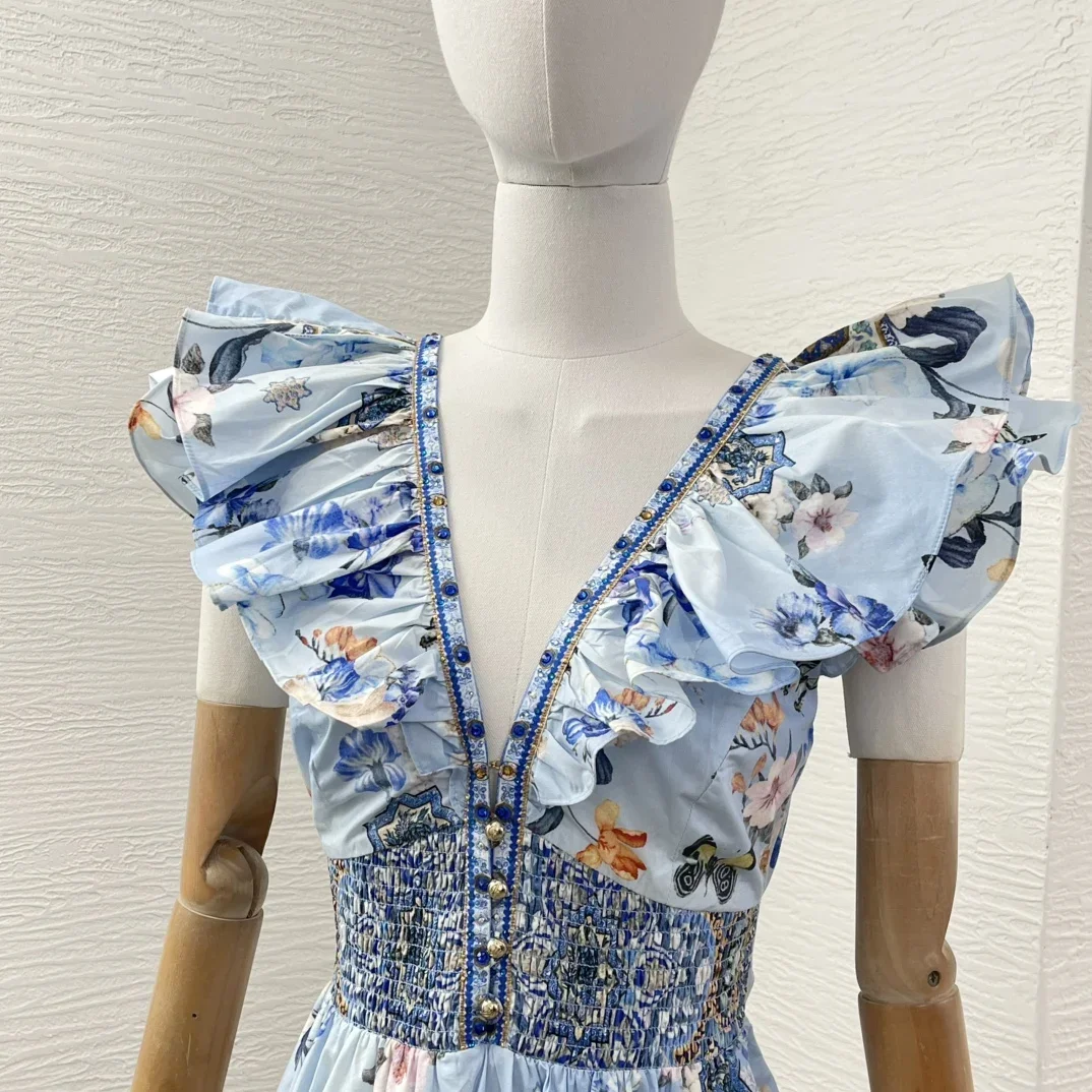 Azul floral impressão sem mangas babados decote em v profundo corte cintura volta maxi vestido feminino 2024 novo