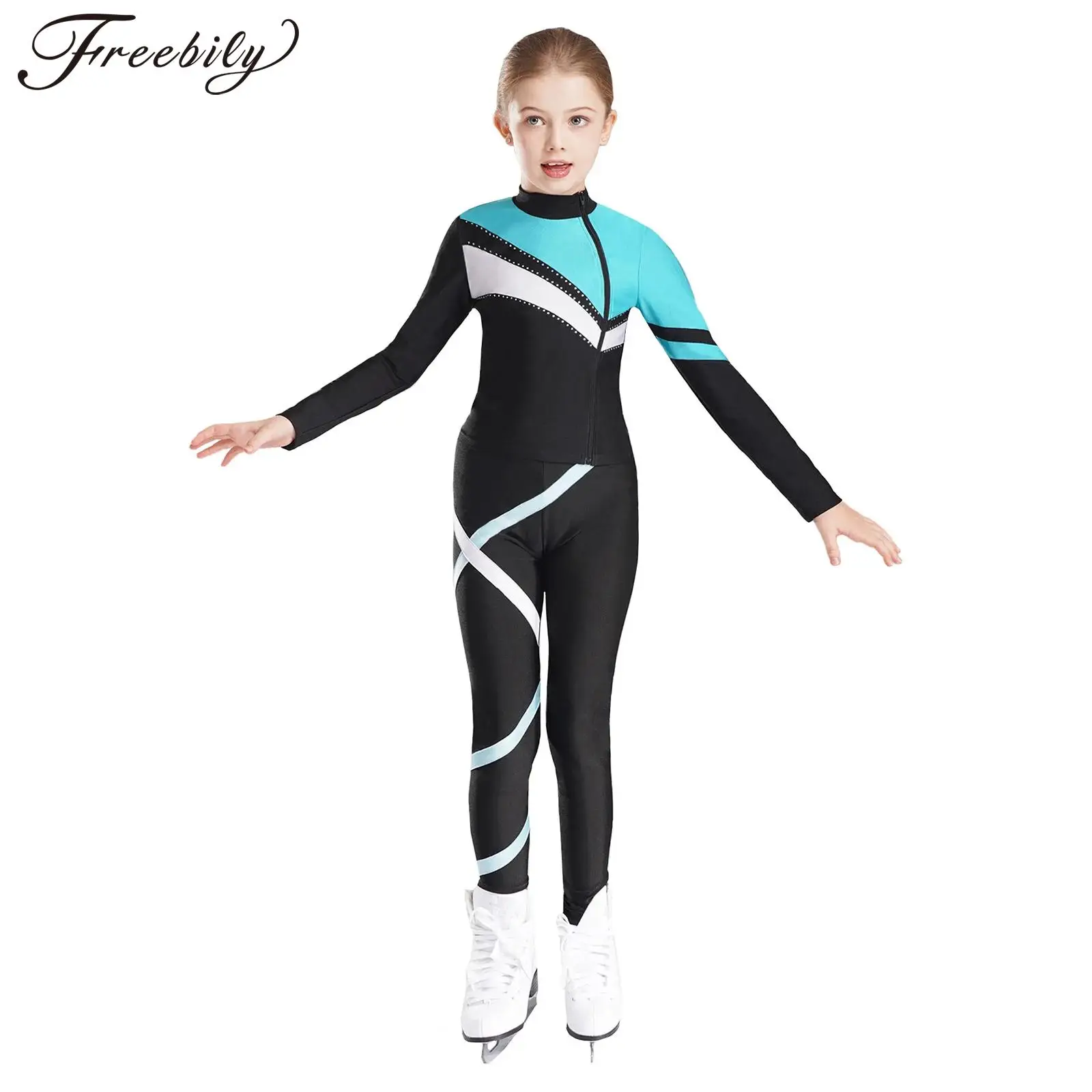 Kids Girls Shiny Rhinestones Figure Skating Jacket Pants Set Ice Skating Costumes Training Outfits Tracksuit Activewear Set