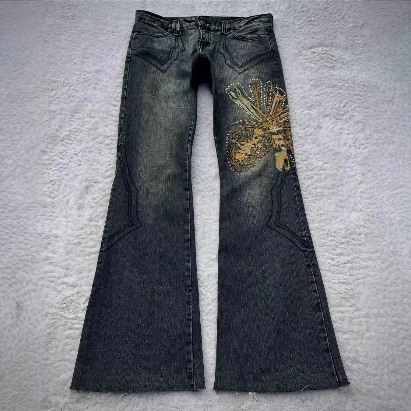 

Джинсы унисекс из плотного денима с вышивкой крестиком и стразами, винтажные, в стиле панк, уличные, длинные, повседневные, с низкой посадкой, из хлопка