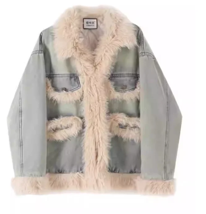 Damska zimowa kurtka dżinsowa z dodatkowymi elementami, ocieplana bawełną, w stylu retro, modna, luźna, uniwersalna, odmładzająca, z długim rękawem.