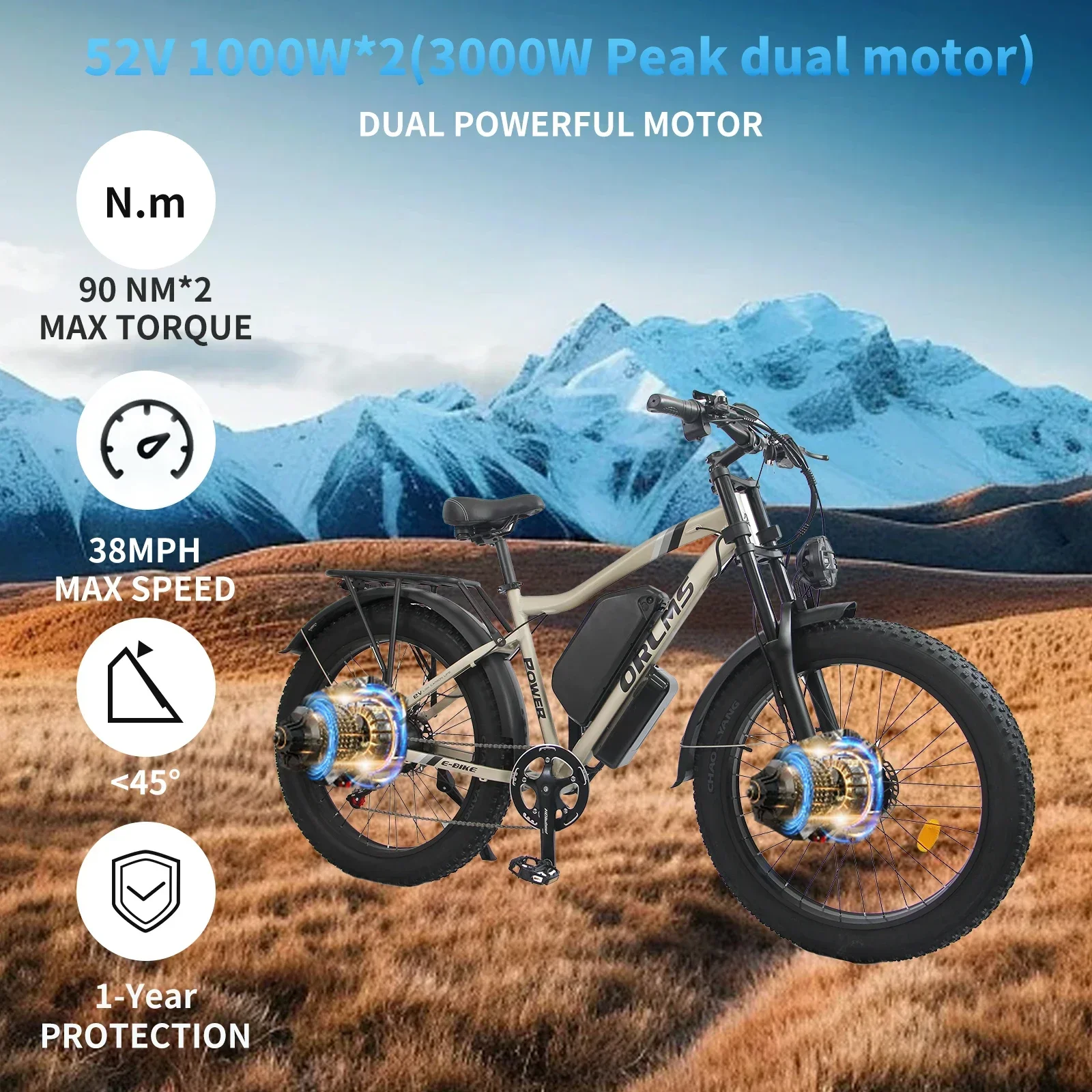 MX500 الذروة الطاقة 3000 واط محرك مزدوج E الدراجة 52V25Ah بطارية الثلوج دراجة كهربائية 26 بوصة الدهون الإطارات مدينة الكبار دراجة كهربائية