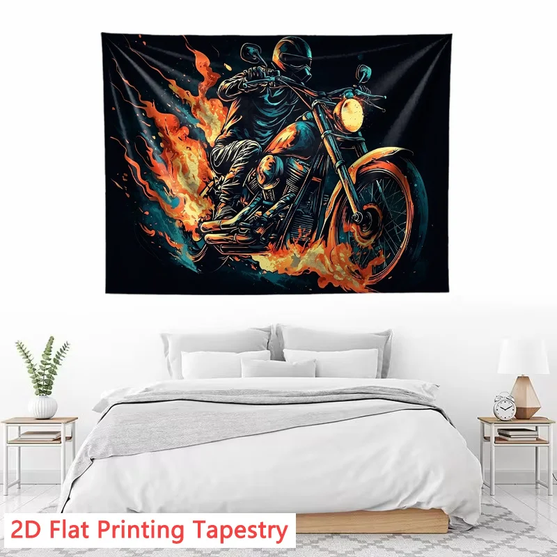 Motorcycle Fire Biker Tapestry Wall Art Hanging Canvas Print Chopper Ride Flames Decor Industrial Grunge Style 180x280cm