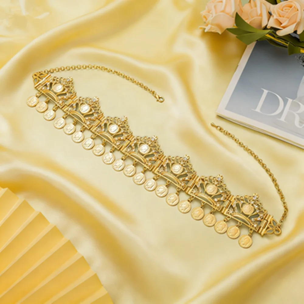 

Arabian Luxury Gold-Plated Bridal Necklace with Hollow Coin Tassel Design Festival Gift for Ladies Elegant Metal Neck Chain
