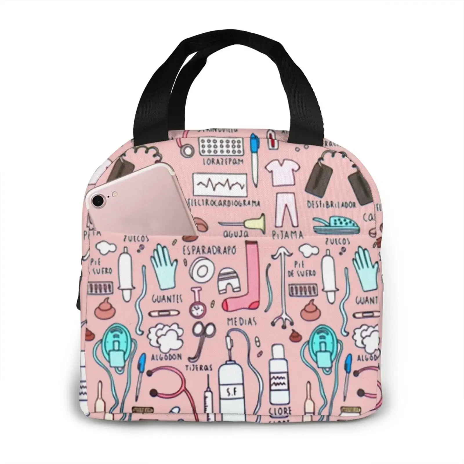 Kawaii Doctors Nurse Print Insulated Lunch Bags for Women Small Portable Lunch Box Totes Food Thermal Bags Bento Pouch Lunch Bag