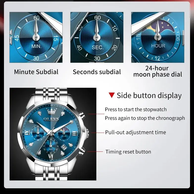 OLEVS 3670 ساعة رجالية أصلية ساعة كوارتز ستانلس ستيل مقاوم للماء مضيئة تاريخ القمر المرحلة كرونوغراف فاخر الرجال رسمي