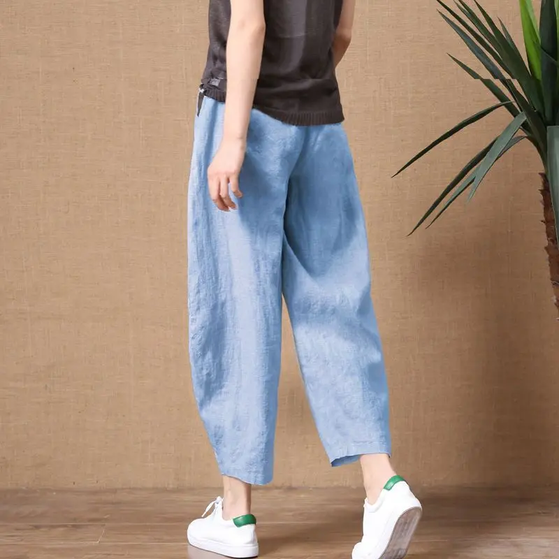 Summer New Solid Color Fashion Elastic Waist Wide Leg Trousers Women High Street Casual Loose Pocket Patchwork Cotton Hemp Pants