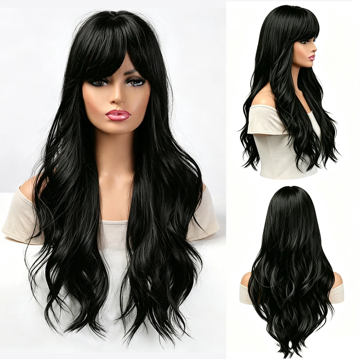 28inch ladies' heat-resistant elegant long curly hair wig with bangs - fluffy wavy, synthetic hair, suitable for daily and party