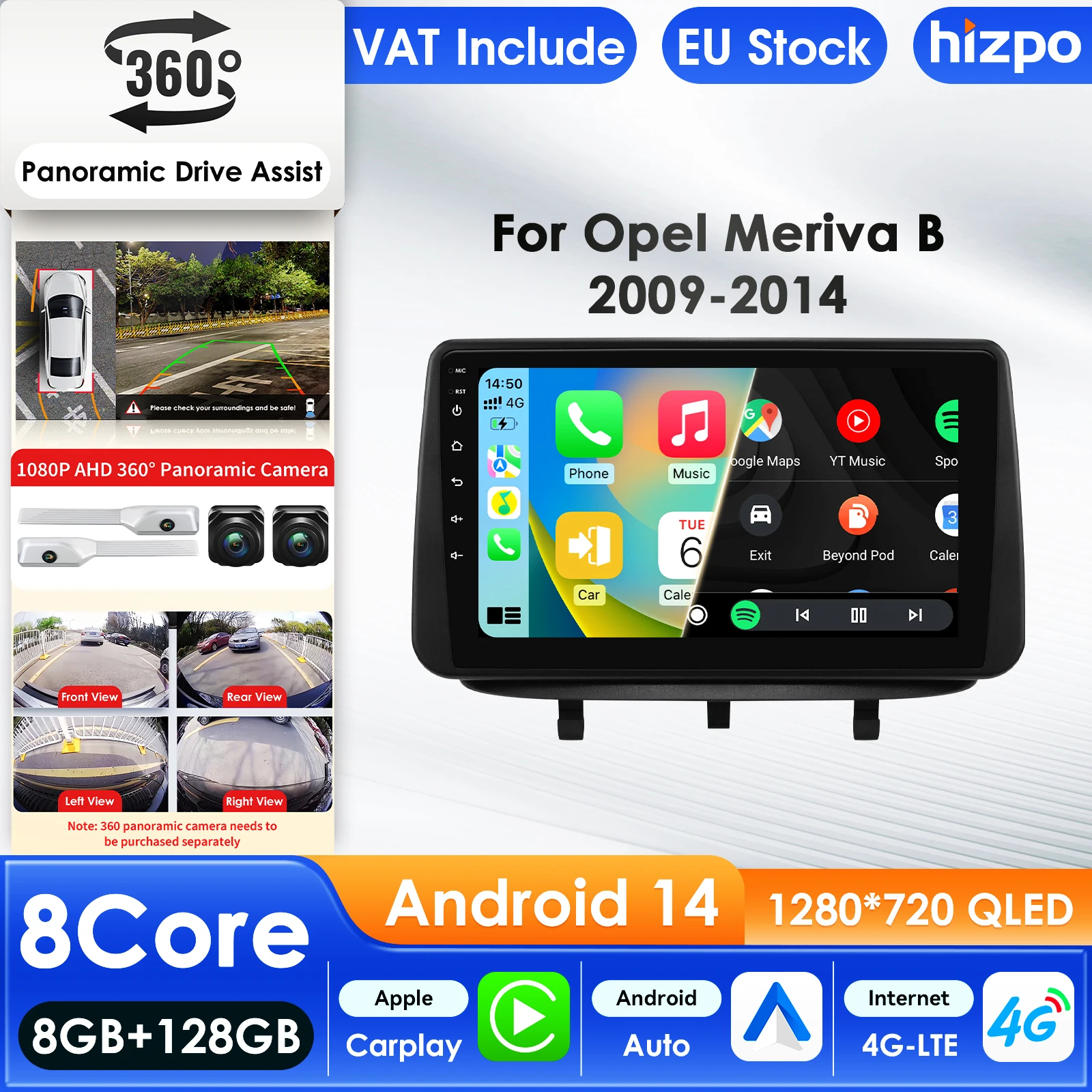 Hizpo 9 ''7862 systèmes AI Android 14 autoradio pour Opel Meriva B 2009-2014 lecteur vidéo multimédia GPS Autoradio Carplay 4G RDS