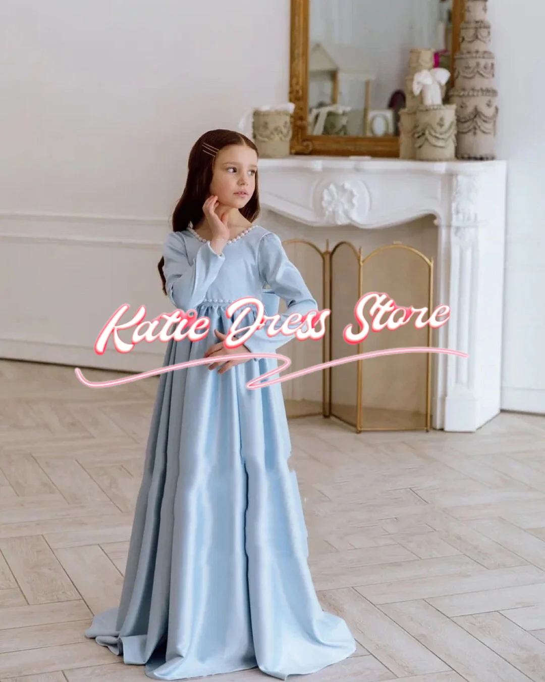 Vestido floral azul céu personalizado para casamento, cetim, pérolas inchadas, arco, festa de aniversário infantil, primeira comunhão, vestidos de baile