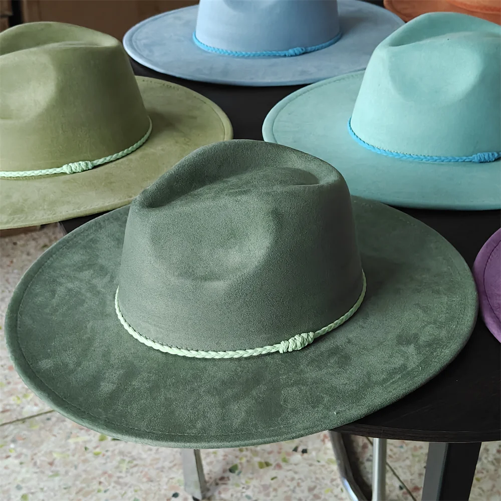 New color suede plain fedora hat unisex church jazz hat Panama felt hat wedding hat colorful braided belt accessories