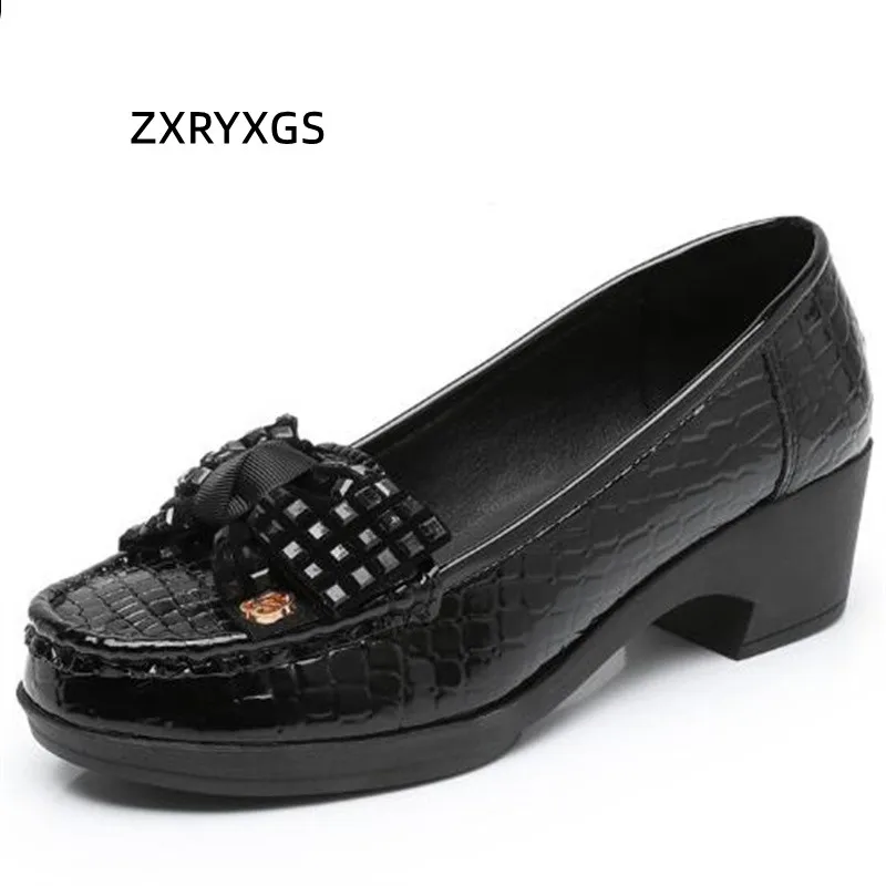 

ZXRYXGS Classic Bow Embossed Patent Leather Women Fashion Shoes High Heels 2024 New Comfort Thick Heels Elegance Leather Shoes