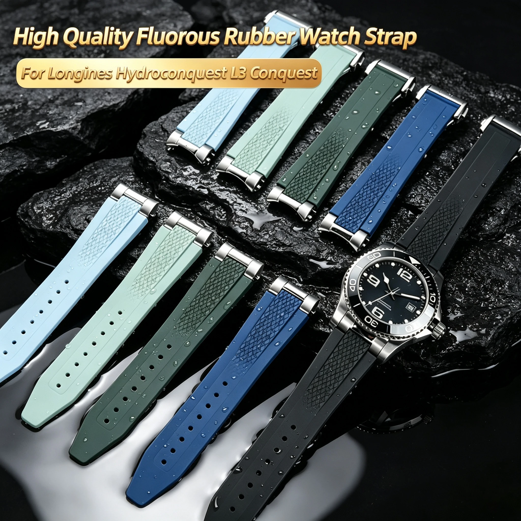 21-мм ремешок для дайверских часов из фторкаучука для Longines Hydroconquest L3.781 L3.883.4 Conquest Sports с металлическим соединением.
